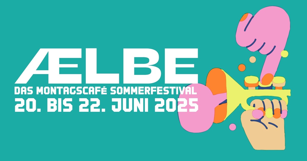 KI generiert: Das Bild ist ein Poster für das ÆLBE MontagsCafé Sommerfestival vom 20. bis 22. Juni 2025, mit einer stilisierten Darstellung einer Person, die Trompete spielt.