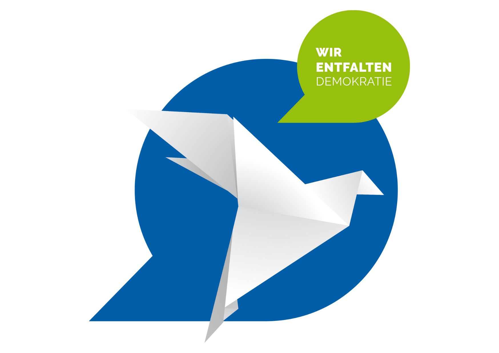 KI generiert: Das Bild zeigt einen Origami-Vogel vor einem blauen Kreis, begleitet von einer grünen Sprechblase mit der Aufschrift "Wir entfalten Demokratie". Der Hauptinhalt des Bildes ist die Darstellung der Konzepte Demokratie und Entfaltung, symbolisiert durch die Origami-Kunst.